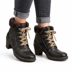 Size 7 Josef Seibel Women’s Kingfisher Black Leather Lace Up Fur Boots Heeled